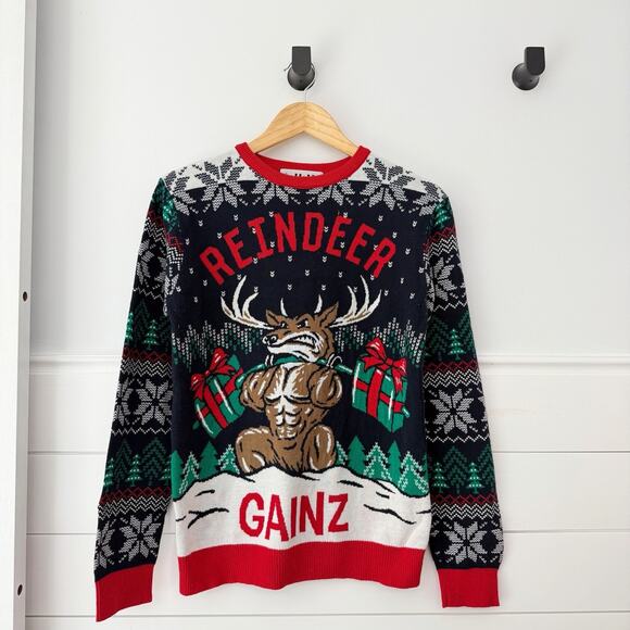 Women’s Ugly Christmas Party Holiday Sweater Reindeer Gainz Size S - Picture 1 of 4